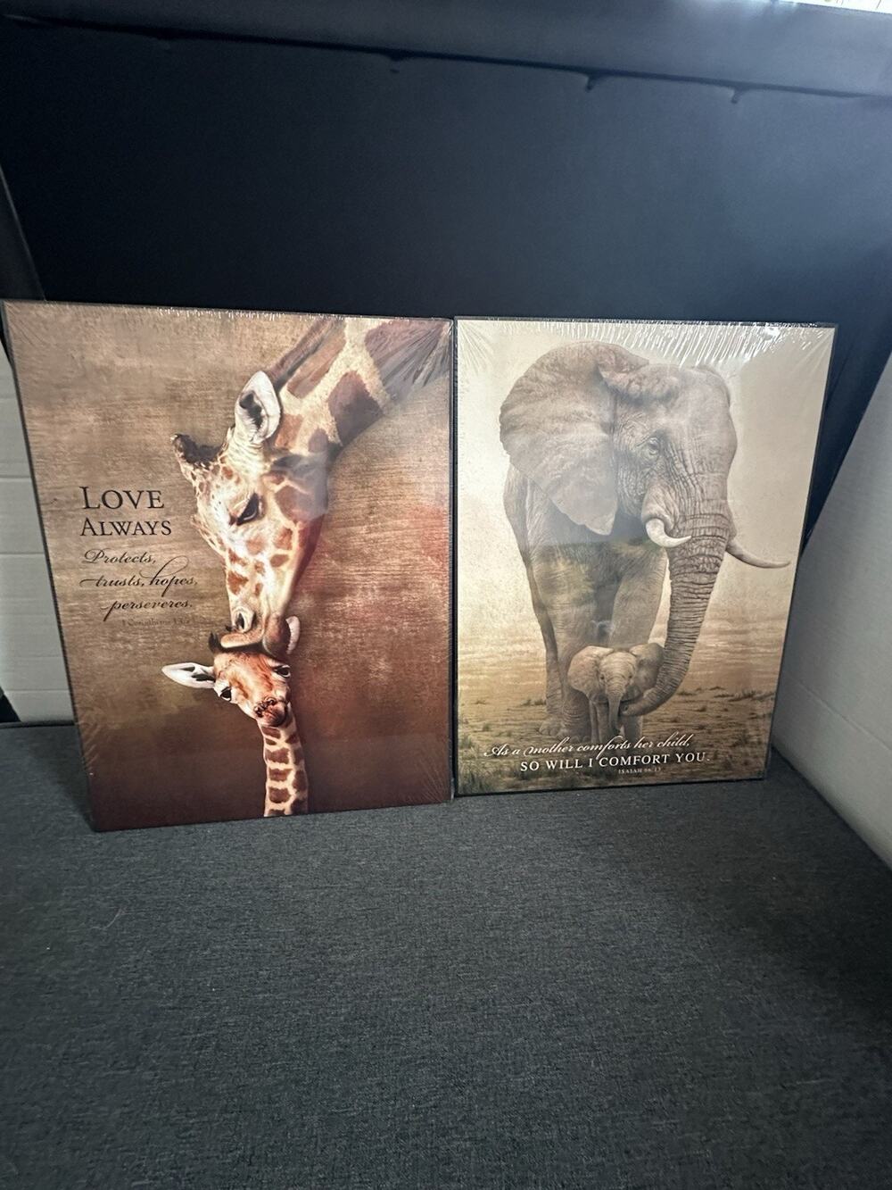P Graham Dunn Giraffe Elephant Mother Baby Wall Art Set of 2 Sealed USA